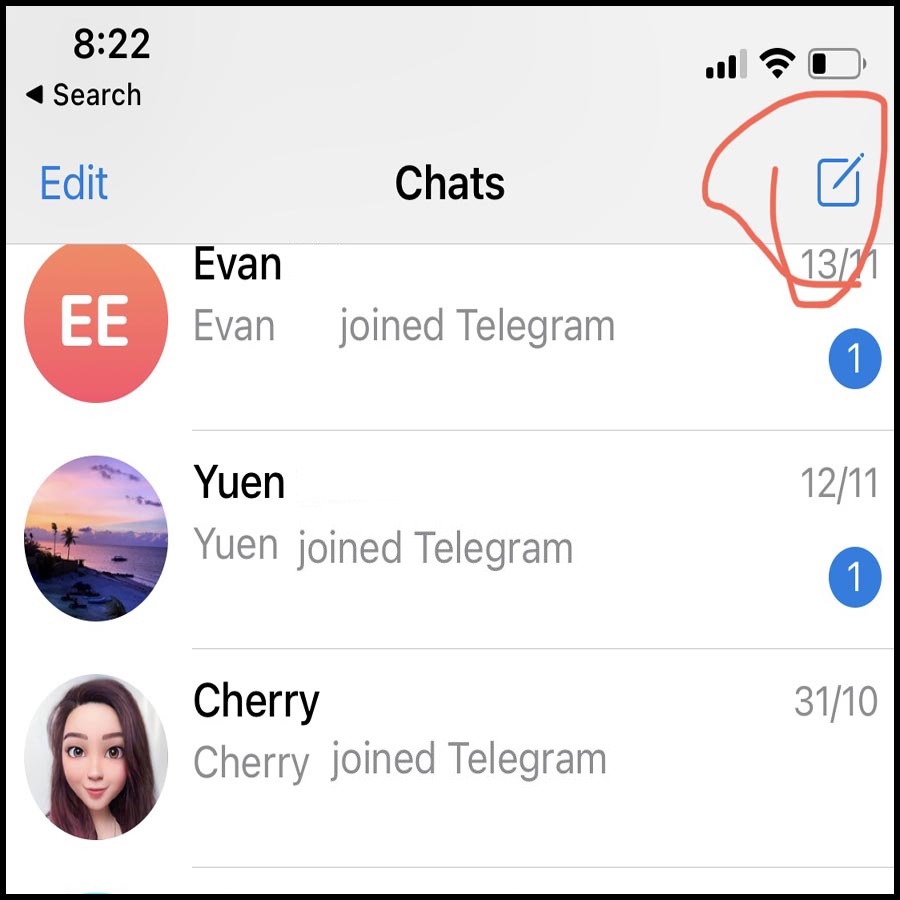 Click the create group button in telegram